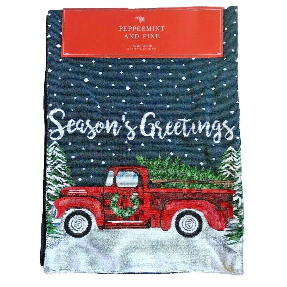 Christmas Red Farm Truck Table Runner Tapestry 13x72